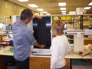 two people looking at scan