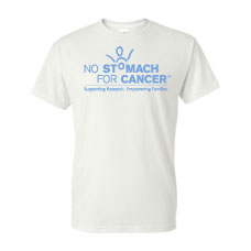 White shirt with periwinkle No Stomach For Cancer logo across front